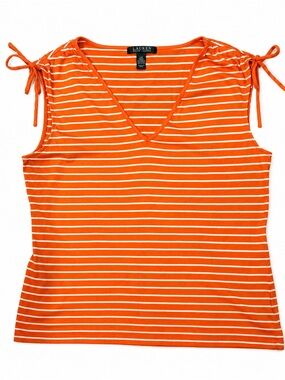 Lauren Ralph Lauren Women’s Size L Orange White Striped Tank Top Cinched Ties